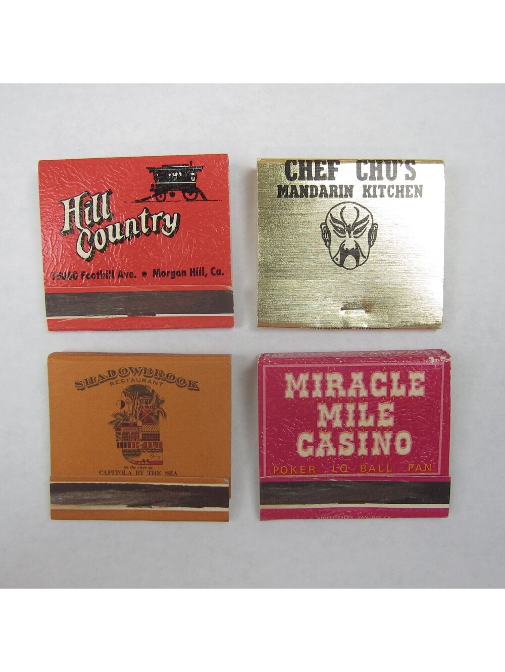 4 Matchbook Covers Hill Country Chef Chus Shadowbrook Miracle Mile Casino CA